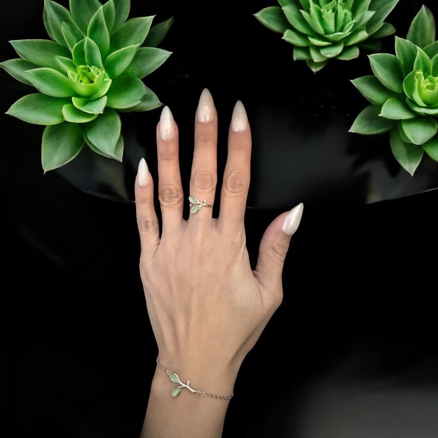 Green Olive Leaf Bracelet & Ring Set