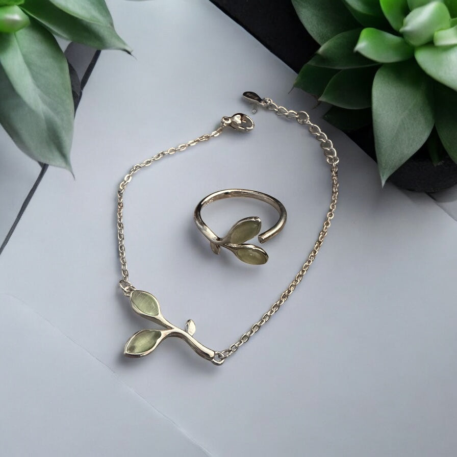 Green Olive Leaf Bracelet & Ring Set