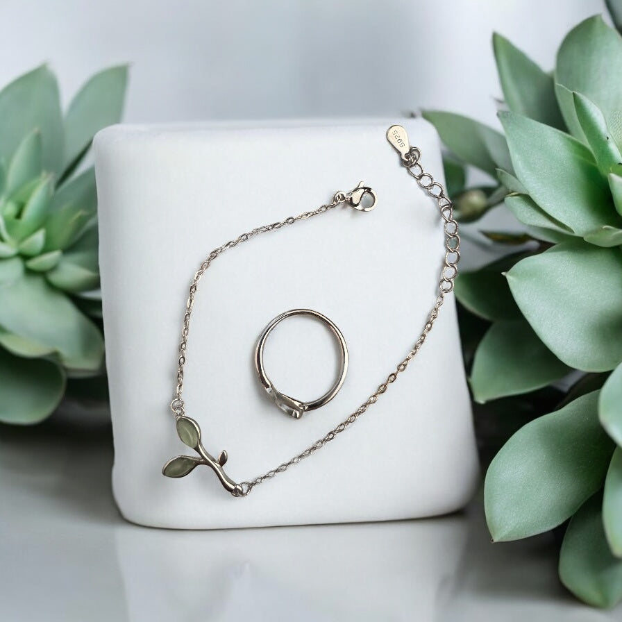 Green Olive Leaf Bracelet & Ring Set