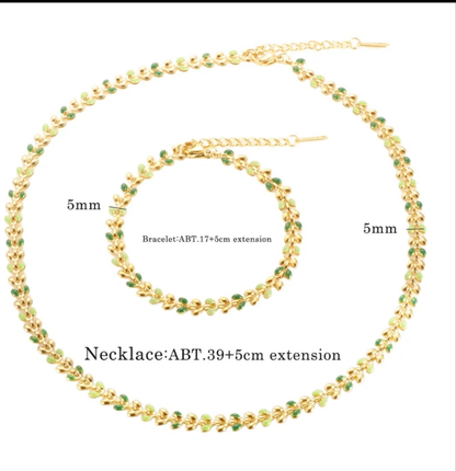 Green Olive Leaf Necklace & Bracelet