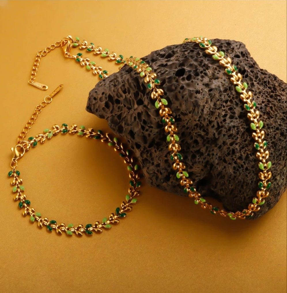 Green Olive Leaf Necklace & Bracelet